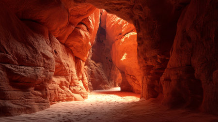 Sunlight illuminating rocky desert canyon path .Generative AIの素材