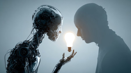Giant Robot Offering Glowing Light Bulb to Human, symbolizing technology, innovation, and artificial intelligence.Generative AIの素材