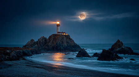 Lighthouse beam shining over rocky coastline at dusk .Generative AIの素材