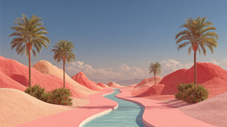 Surreal desert oasis with pink sand and palm trees .Generative AIの素材