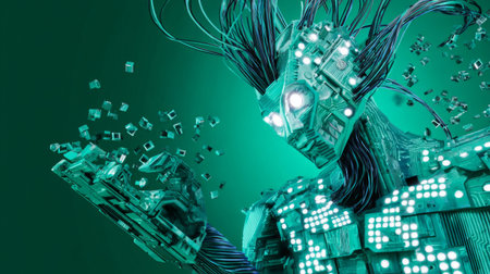 Cybernetic humanoid figure with exposed circuits and wires disintegrates into glowing digital fragments, symbolizing artificial intelligence and technological decay.の素材