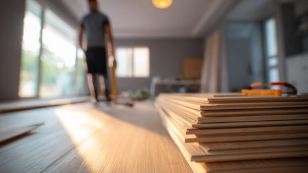 Stack of wooden planks prepared for flooring installation in a home interior, with a worker in the background preparing tools and workspace .Generative AIの素材