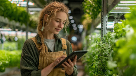 Agritech farmer using tablet in vertical farm with LED lights.Generative AIの素材