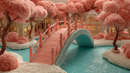 Candy bridge over fantasy sugar river landscape .Generative AIの素材