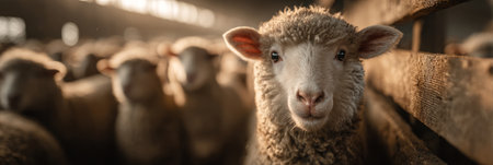 Sheep Standing in Barn with Flock .Generative AIの素材