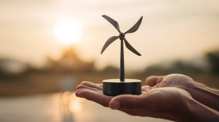 Hands Holding Mini Wind Turbine for Clean Energy .Generative AIの素材