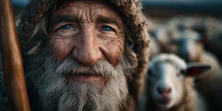Shepherd with sheep flock in rustic countryside .Generative AIの素材