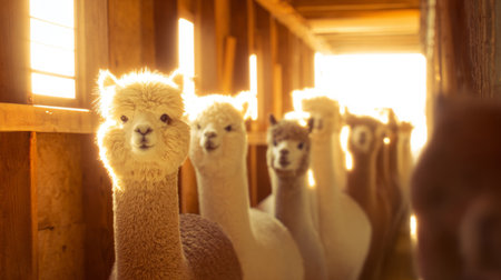 Curious Alpacas Looking Into Camera Indoors .Generative AIの素材