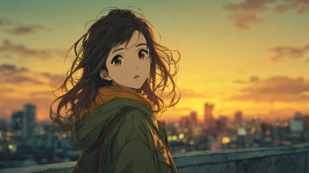 Anime Girl Watching Sunset Over City Skyline .Generative AIの素材