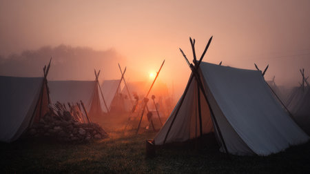 Rustic Teepee Camp with Fire in Forest .Generative AIの素材