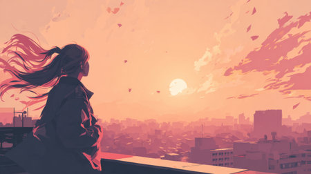 Anime Girl Watching Sunset Over City Skyline .Generative AIの素材