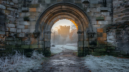 Historic Stone Archway Path at Sunrise .Generative AIの素材