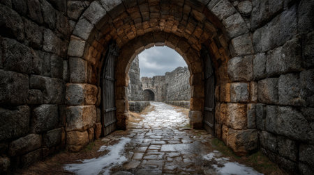 Historic Stone Archway Path at Sunrise .Generative AIの素材