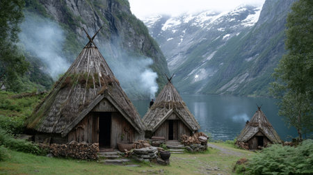 Traditional Wooden Viking Huts by Mountain Fjord .Generative AIの素材