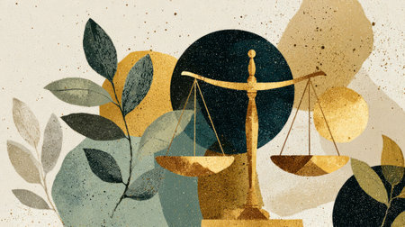 abstract of golden justice scales surrounded by leaves and organic patterns in teal and gold textures .Generative AIの素材