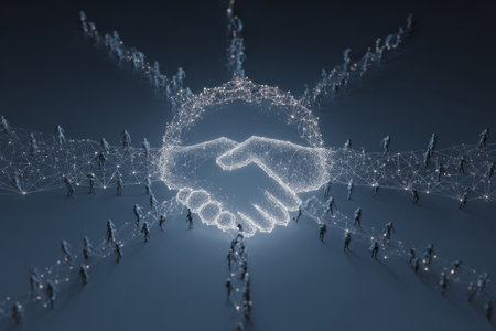 The figures around the handshake symbolize unity, trust, blockchain and digital collaboration.Generative AIの素材