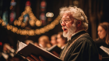 Elderly male singer in formal attire performing in a grand cathedral choir, holding sheet music under warm chandelier lighting.の素材