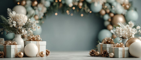 Soft pastel holiday backdrop featuring balloon garlands, gift boxes, frosted pine branches, and warm bokeh string lights for festive designs.の素材
