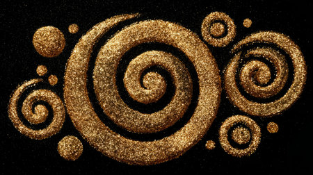 Golden Glitter Spiral Pattern on Black Background .Generative AIの素材