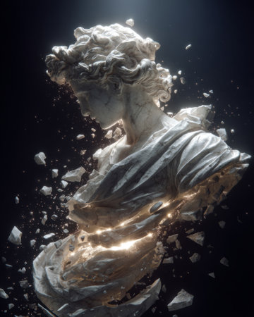 Dramatic marble sculpture of a classical figure bursting apart with flying stone fragments, symbolizing energy, motion, and transformation .Generative AIの素材