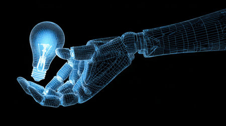 Digital Wireframe Hand Holding Glowing Light Bulbの素材