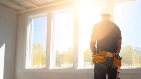 Construction Worker Overlooking Renovation Site at Sunset .Generative AIの素材