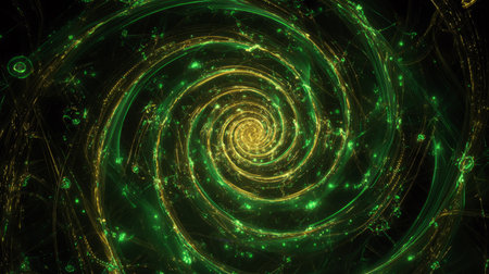 Glowing green spiral vortex with golden energy .Generative AIの素材