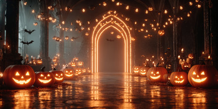 Halloween stage with pumpkins and flying bats .Generative AIの素材