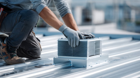 Worker Installing Roof Ventilation System Outdoors .Generative AIの素材