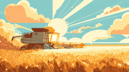 Combine harvester working in golden wheat field .Generative AIの素材
