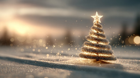 Glowing Christmas Tree with Star in Snowfall .Generative AIの素材