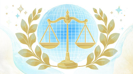 abstract of golden justice scales surrounded by leaves and organic patterns in teal and gold textures .Generative AIの素材