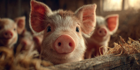 adorable piglets inside a barn filled with straw, symbolizing livestock farming, agriculture, and rural countryside life .Generative AIの素材