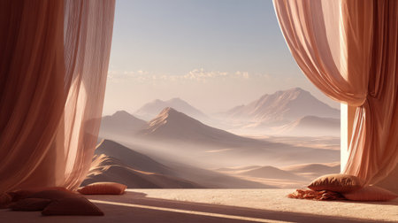 Desert dunes viewed through elegant draped curtains .Generative AIの素材