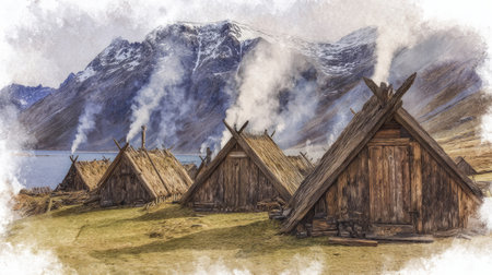 Traditional Wooden Viking Huts by Mountain Fjord .Generative AIの素材