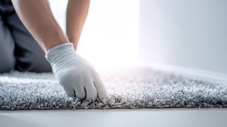 Worker checking soft carpet installation with glove .Generative AIの素材