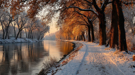 Snowy winter path with sunrise through trees .Generative AIの素材