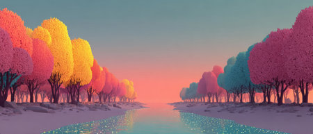Colorful fantasy river with glowing pastel trees .Generative AIの素材