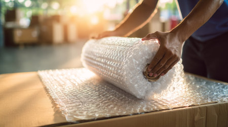 Worker Rolling Out Bubble Wrap for Packaging .Generative AIの素材