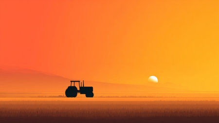 Tractor on golden wheat field at sunset .Generative AIの素材