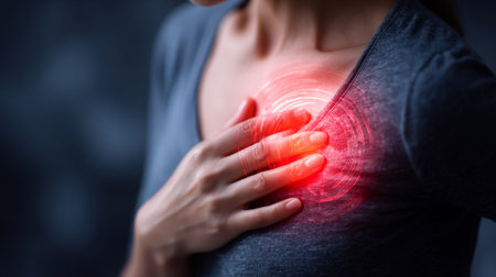 Woman with Chest Pain Highlighted by Red Glow .Generative AIの素材