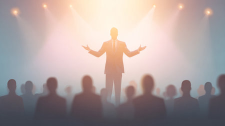 Man with open arms delivers motivational speech to a packed crowd under dramatic lighting at a large public event or conference.の素材