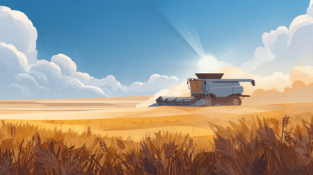 Combine harvester working in golden wheat field .Generative AIの素材