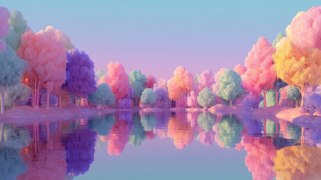 Fantasy landscape with pink blossom trees by river .Generative AIの素材