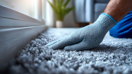 Worker checking soft carpet installation with glove .Generative AIの素材