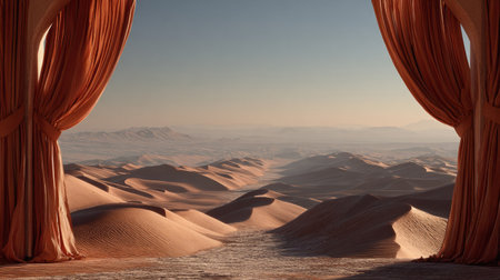 Desert dunes viewed through elegant draped curtains .Generative AIの素材