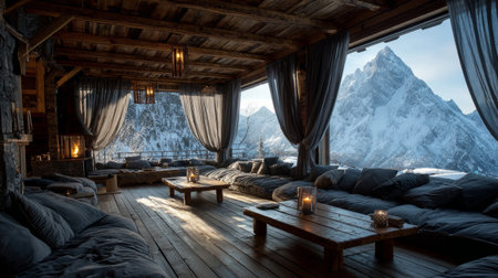 Luxury mountain chalet with panoramic snowy views .Generative AIの素材