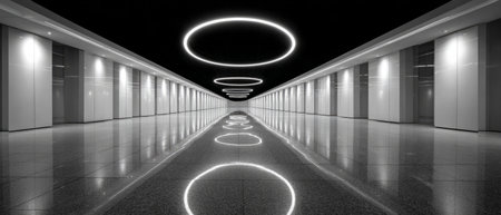 Futuristic tunnel with glowing circular ceiling lights .Generative AIの素材