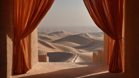 Desert dunes viewed through elegant draped curtains .Generative AIの素材