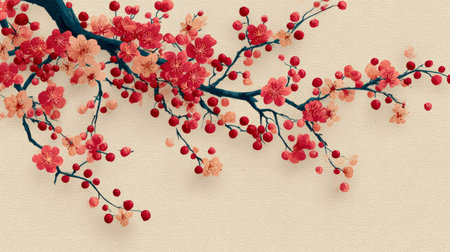 Colorful plum flowers on branches, cream background .Generative AIの素材